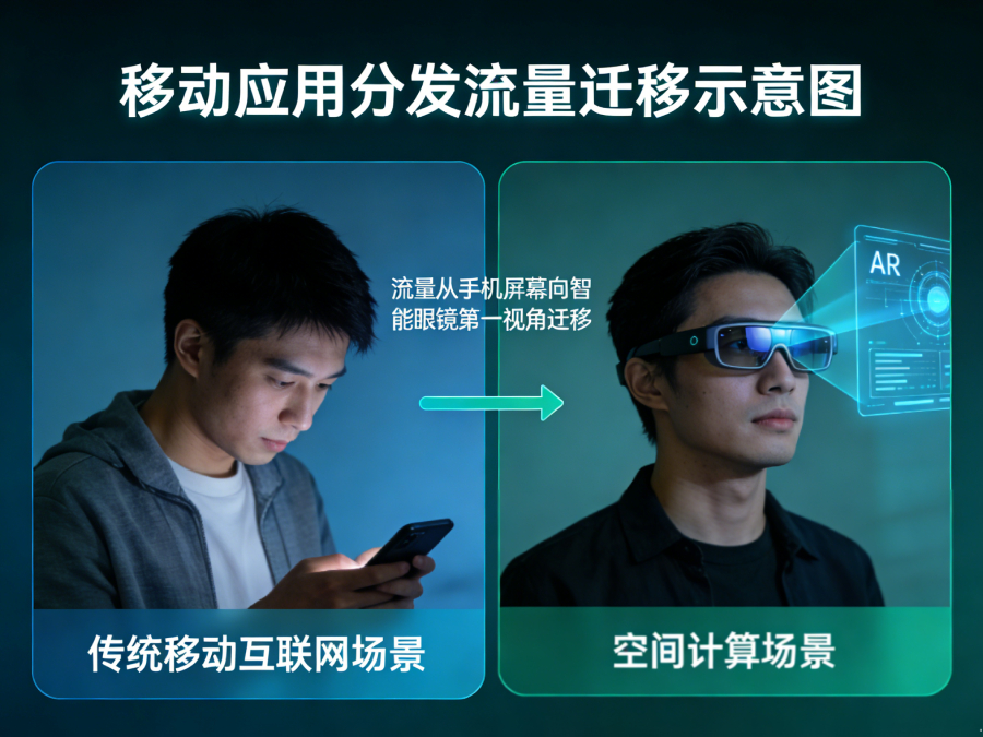 移动应用分发从手机屏幕向智能眼镜第一视角流量迁移示意图