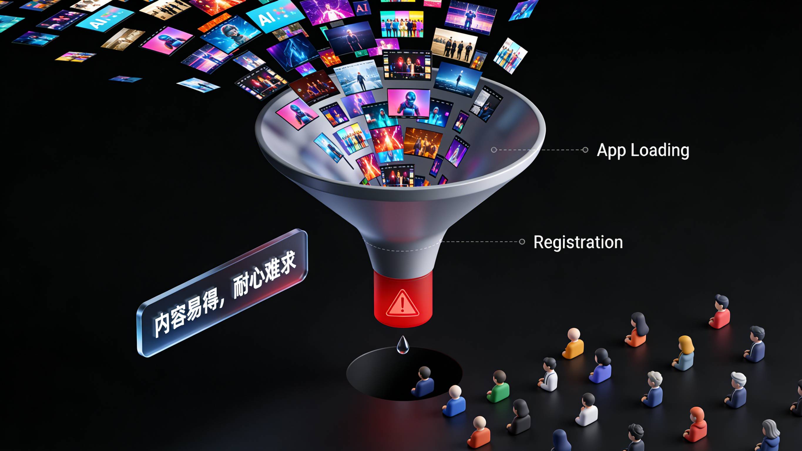 AI视频素材泛滥背景下App下载安装环节的高流失率漏斗分析图