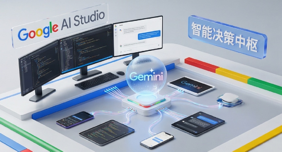 Google AI Studio 入门环境配置与智能决策中枢示意图