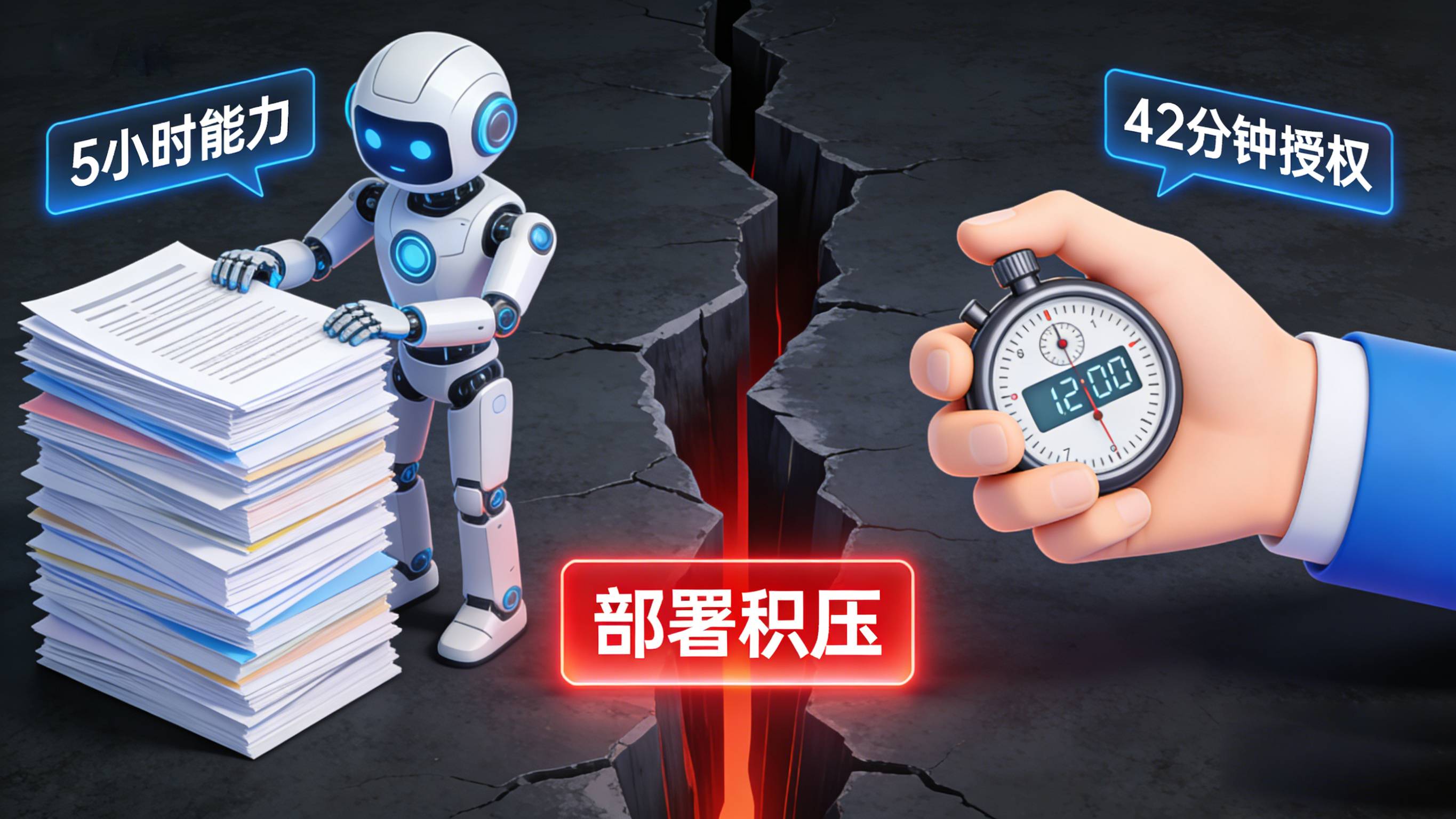 AI智能体部署积压导致的信任鸿沟与授权时长瓶颈示意图