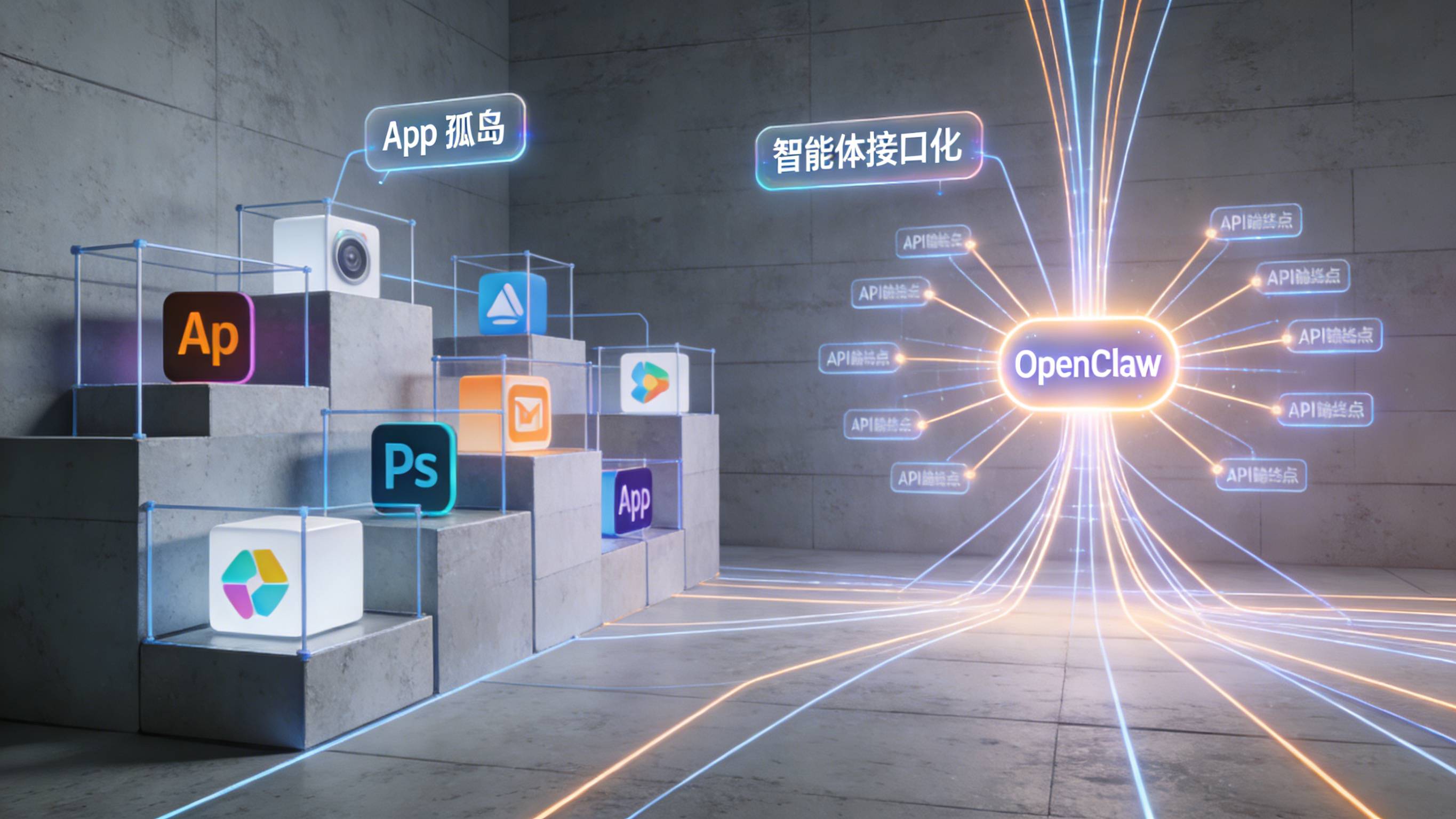 传统移动App孤岛模式与无头智能体接口化架构对比图