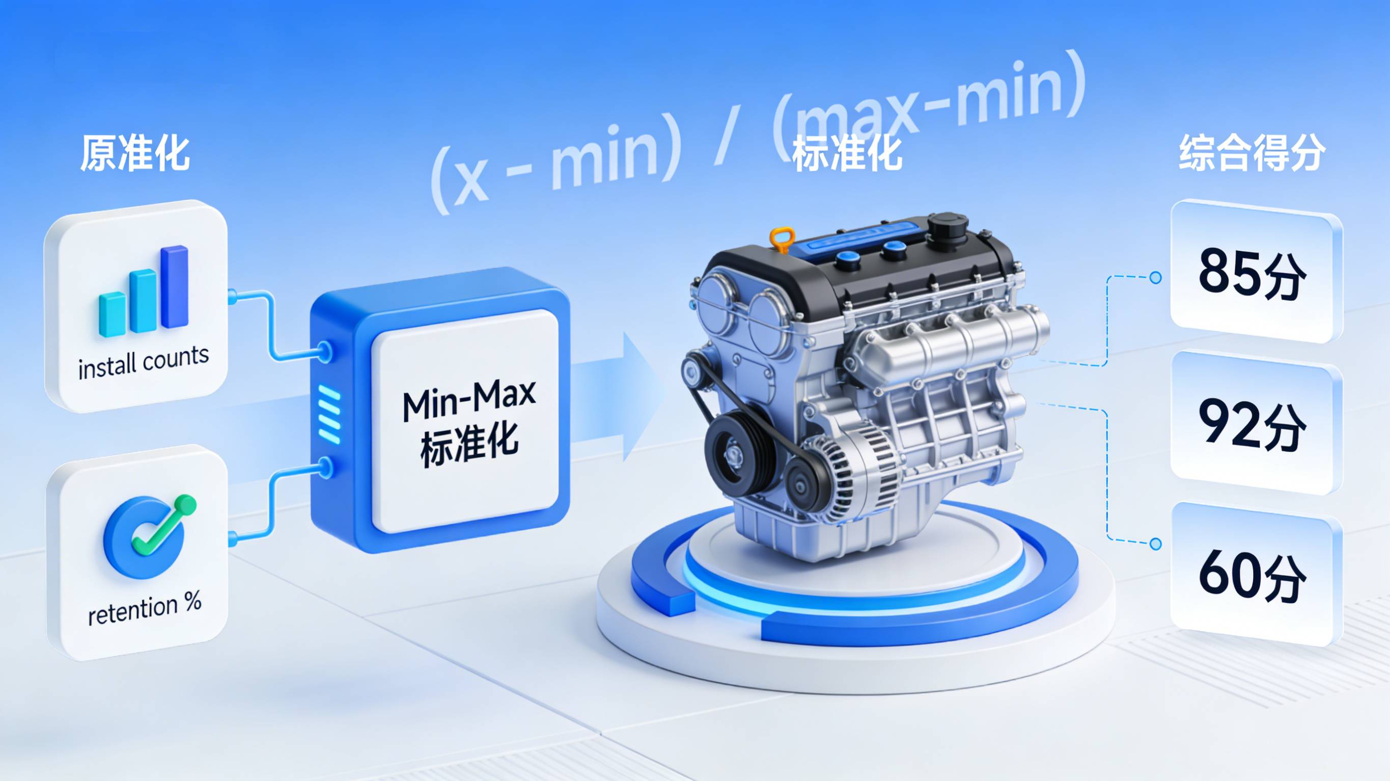 渠道评分模型指标标准化与权重分配计算流程图