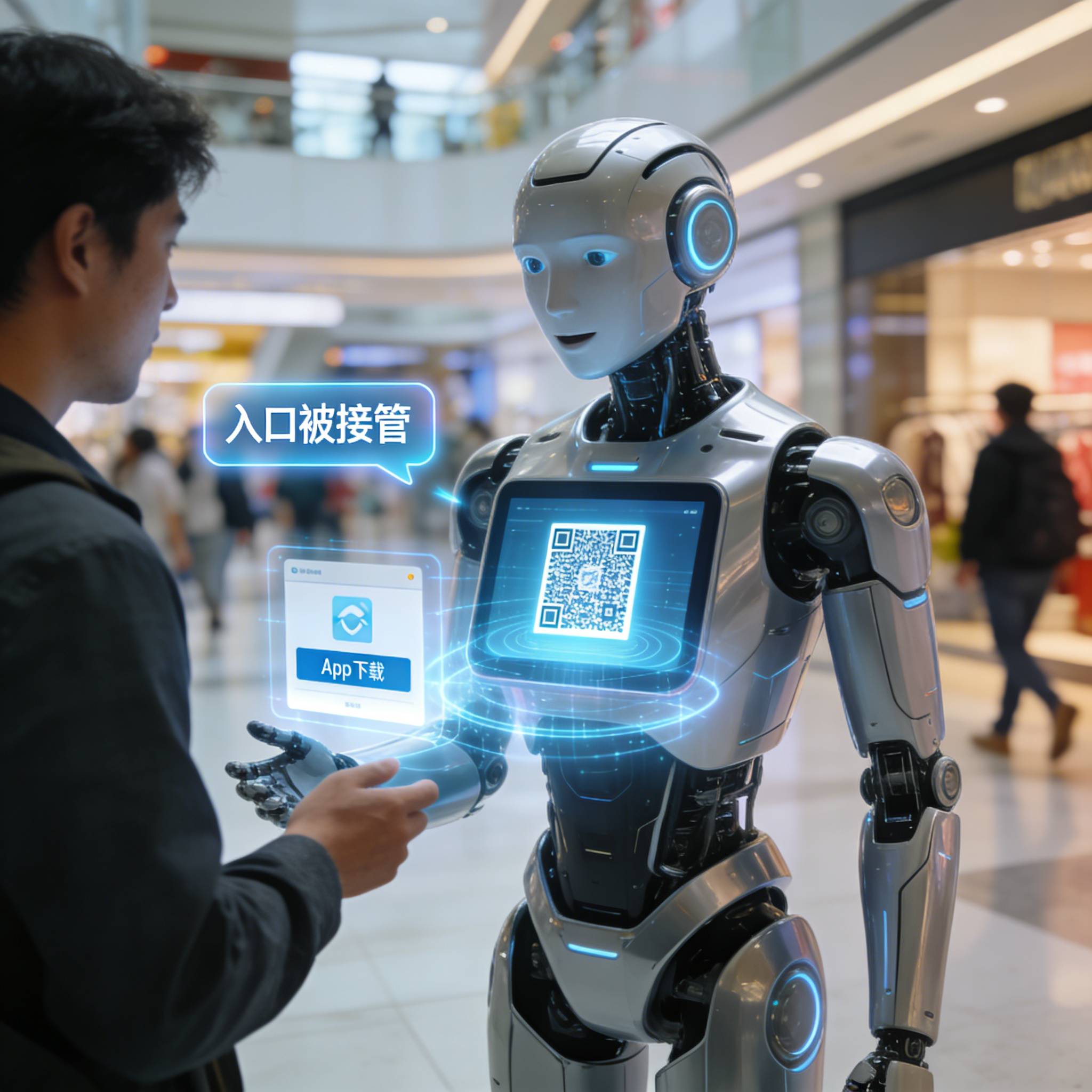 线下商场具身机器人导购引导用户扫码安装App场景
