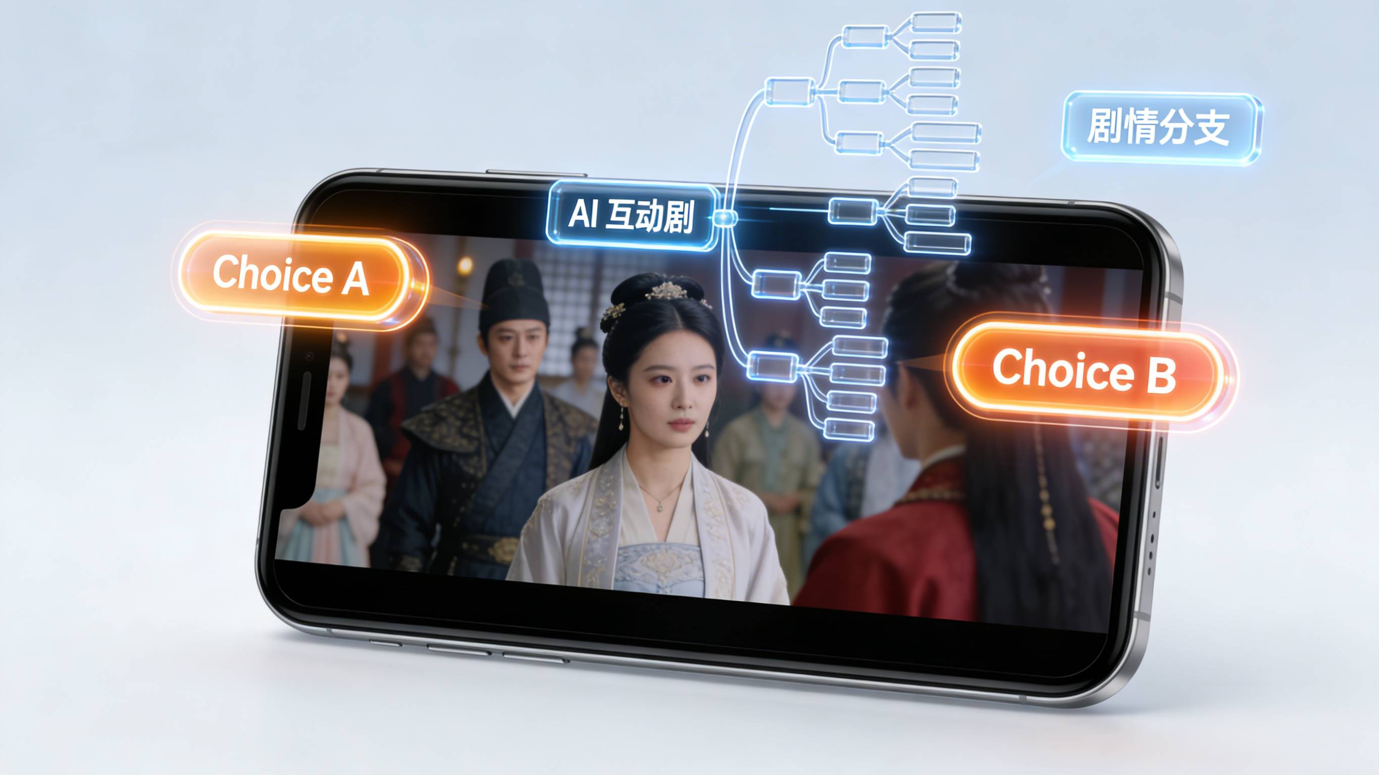 AI互动短剧决策树叙事与用户交互选项界面示意图