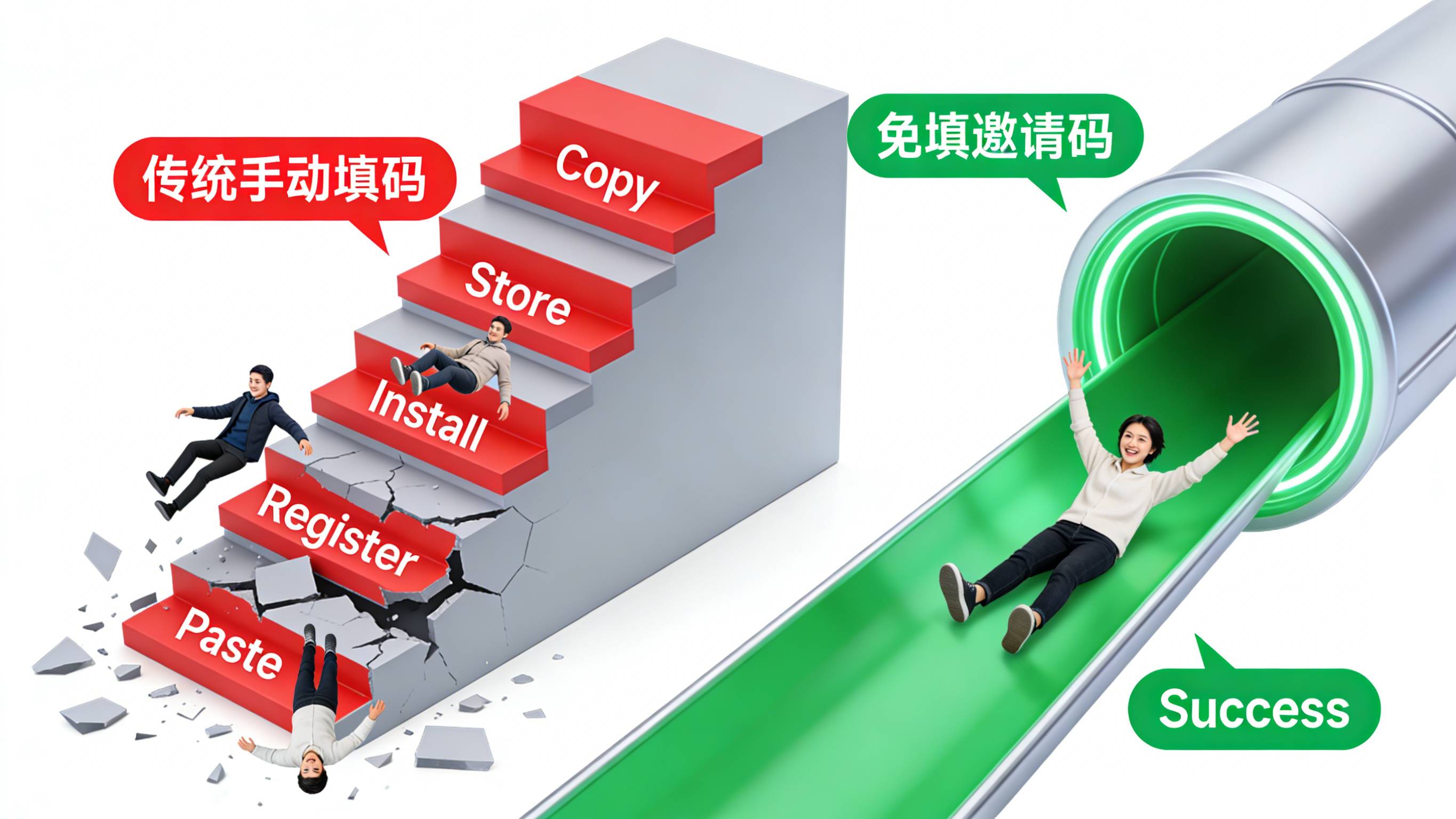 App手动填码与免填邀请码安装转化漏斗对比示意图