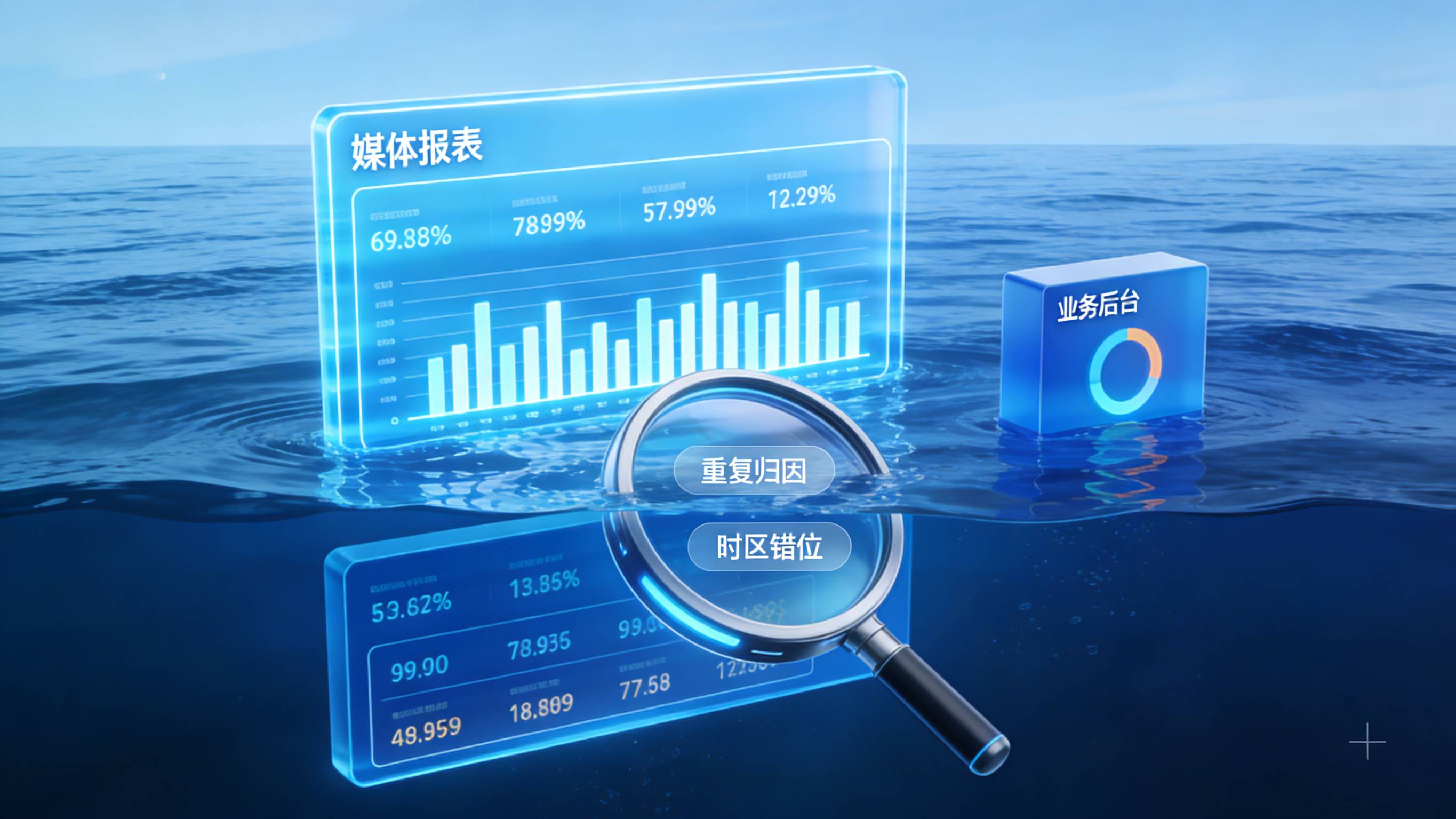 媒体平台报表转化数据与业务后台真实订单差异对账图