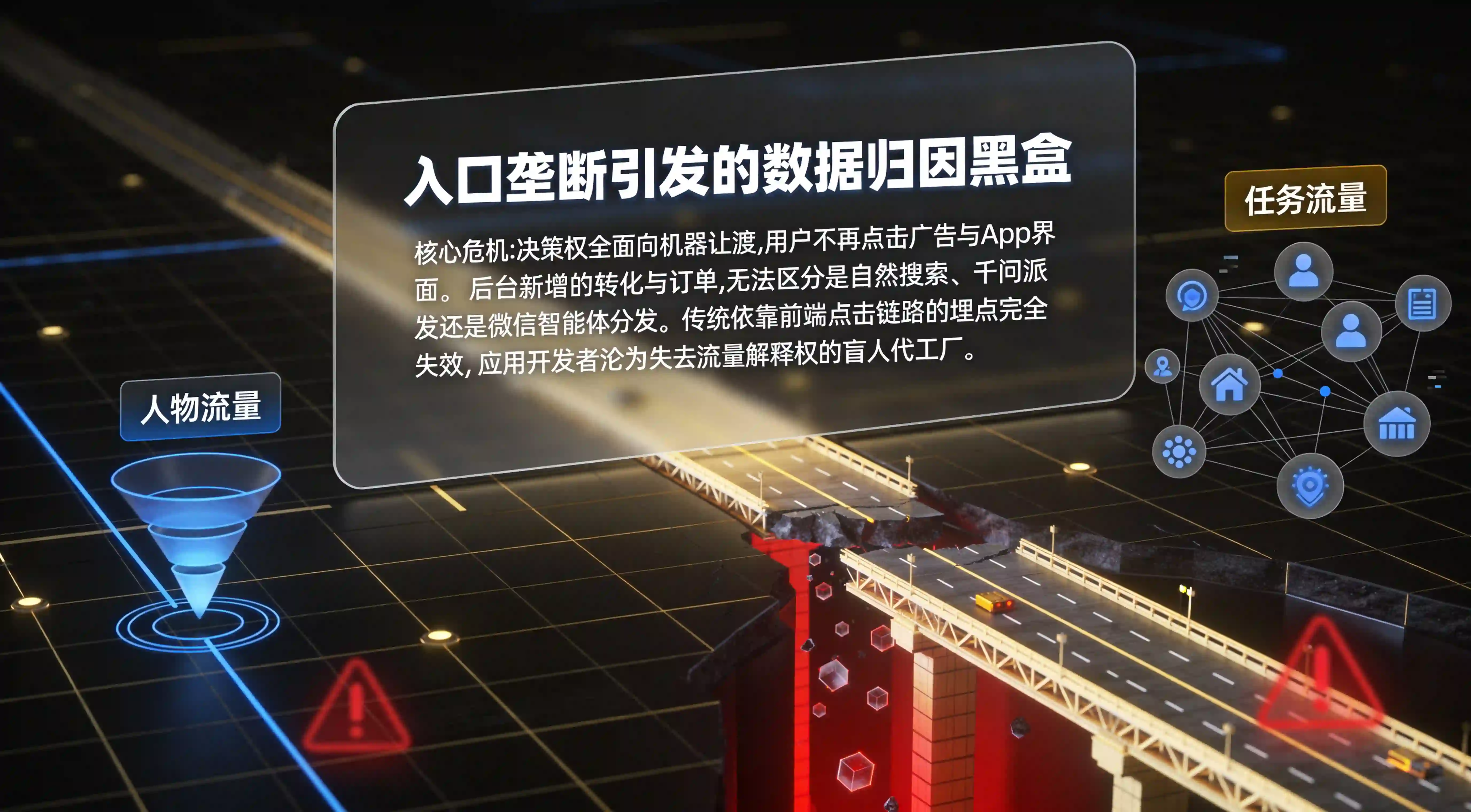 超级应用接管分发后导致的人工点击断层与任务流量归因黑盒痛点图