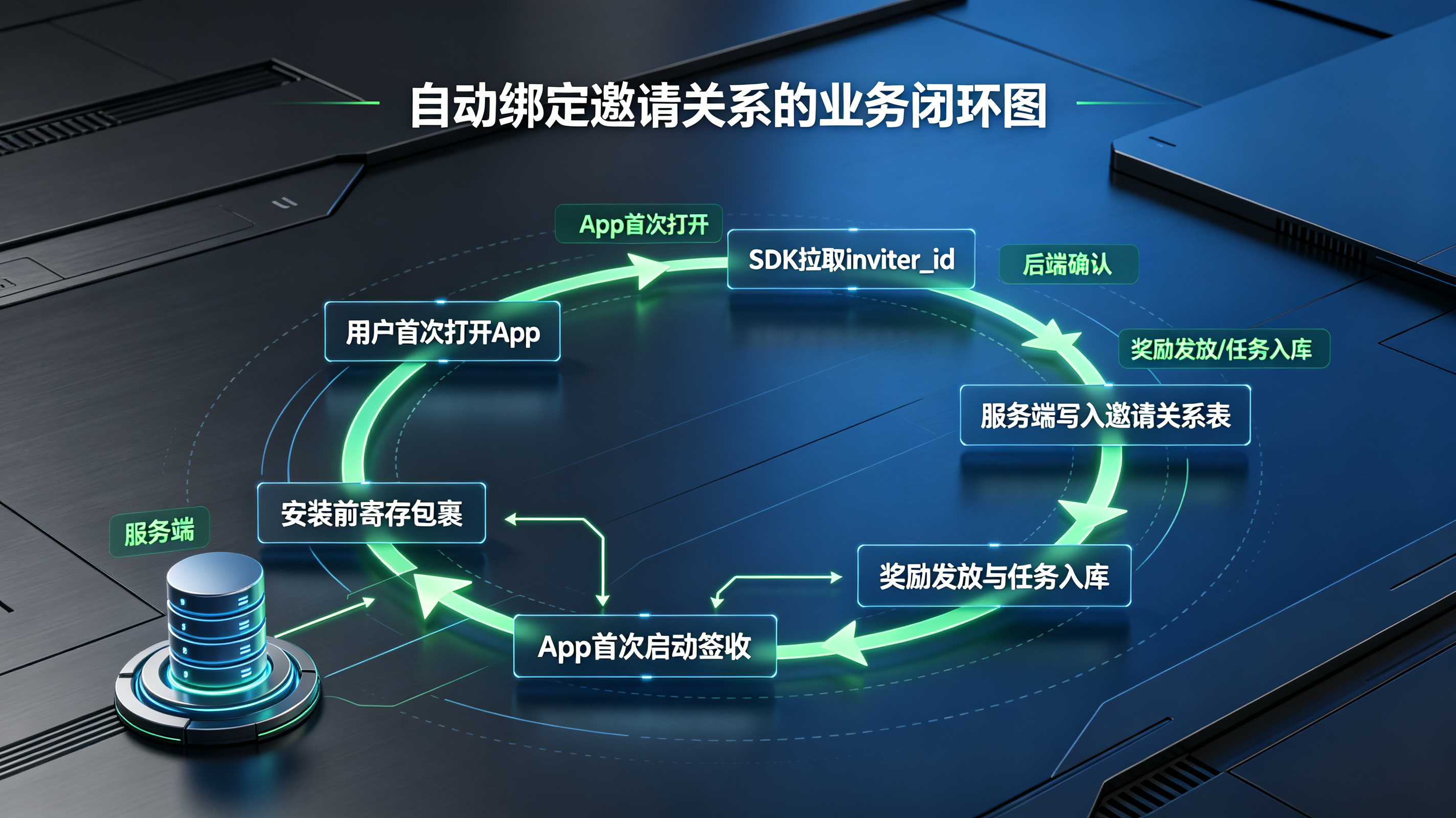 免填邀请码自动绑定邀请关系并完成业务入库的闭环流程图
