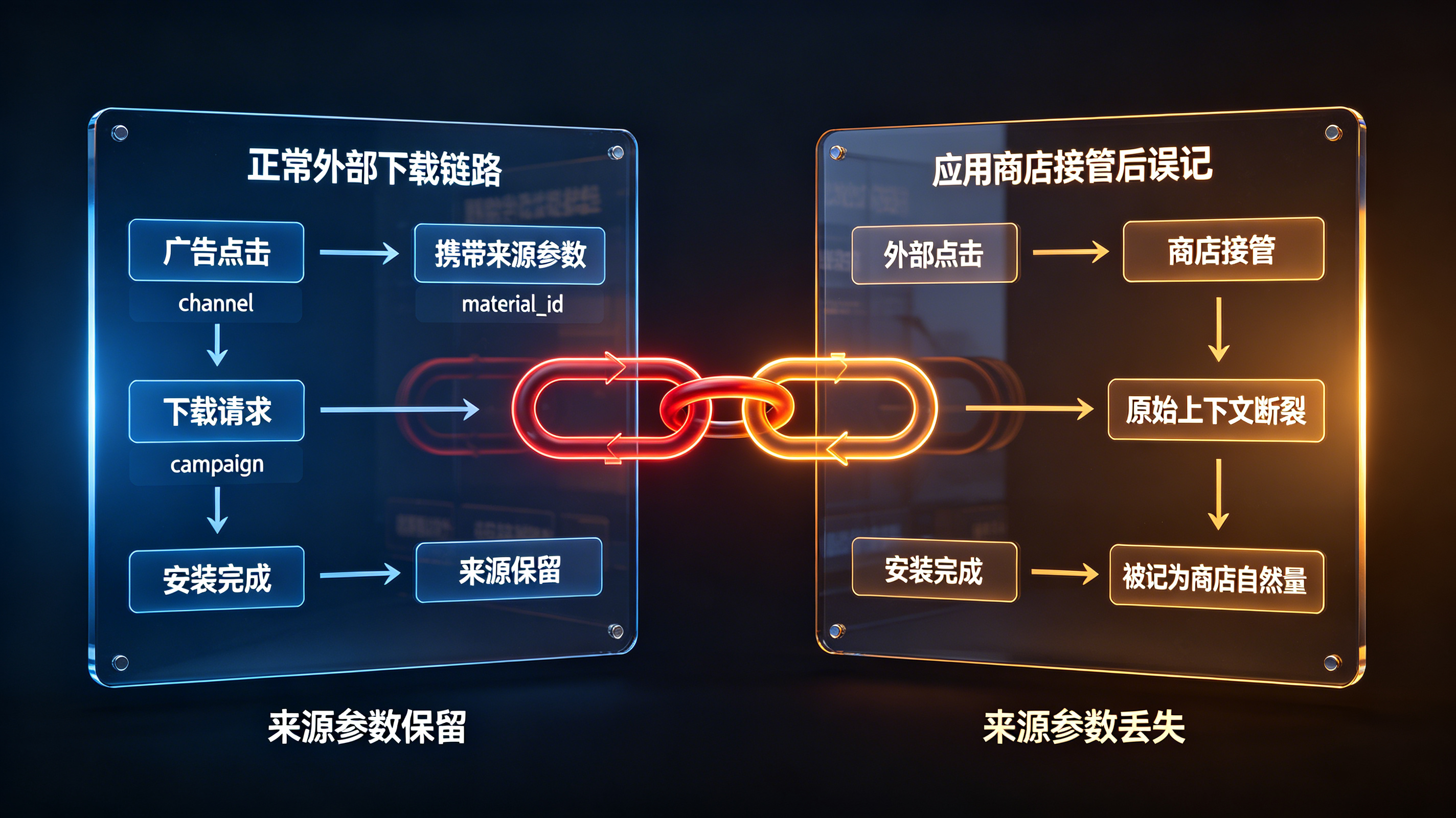 应用商店接管下载链路导致来源误记为自然量的对比图