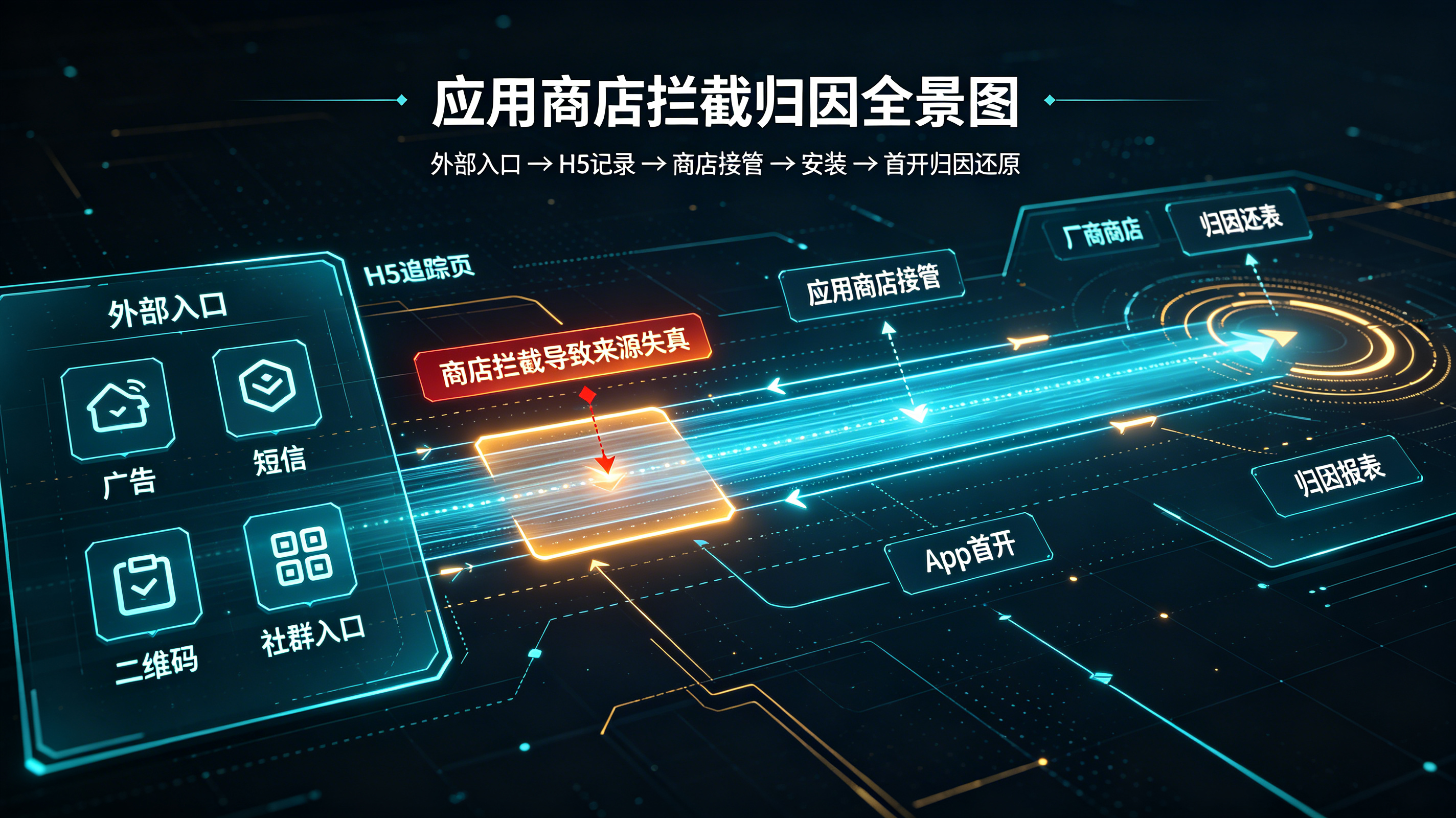 应用商店拦截后通过H5记录与首开匹配恢复下载来源的全链路图