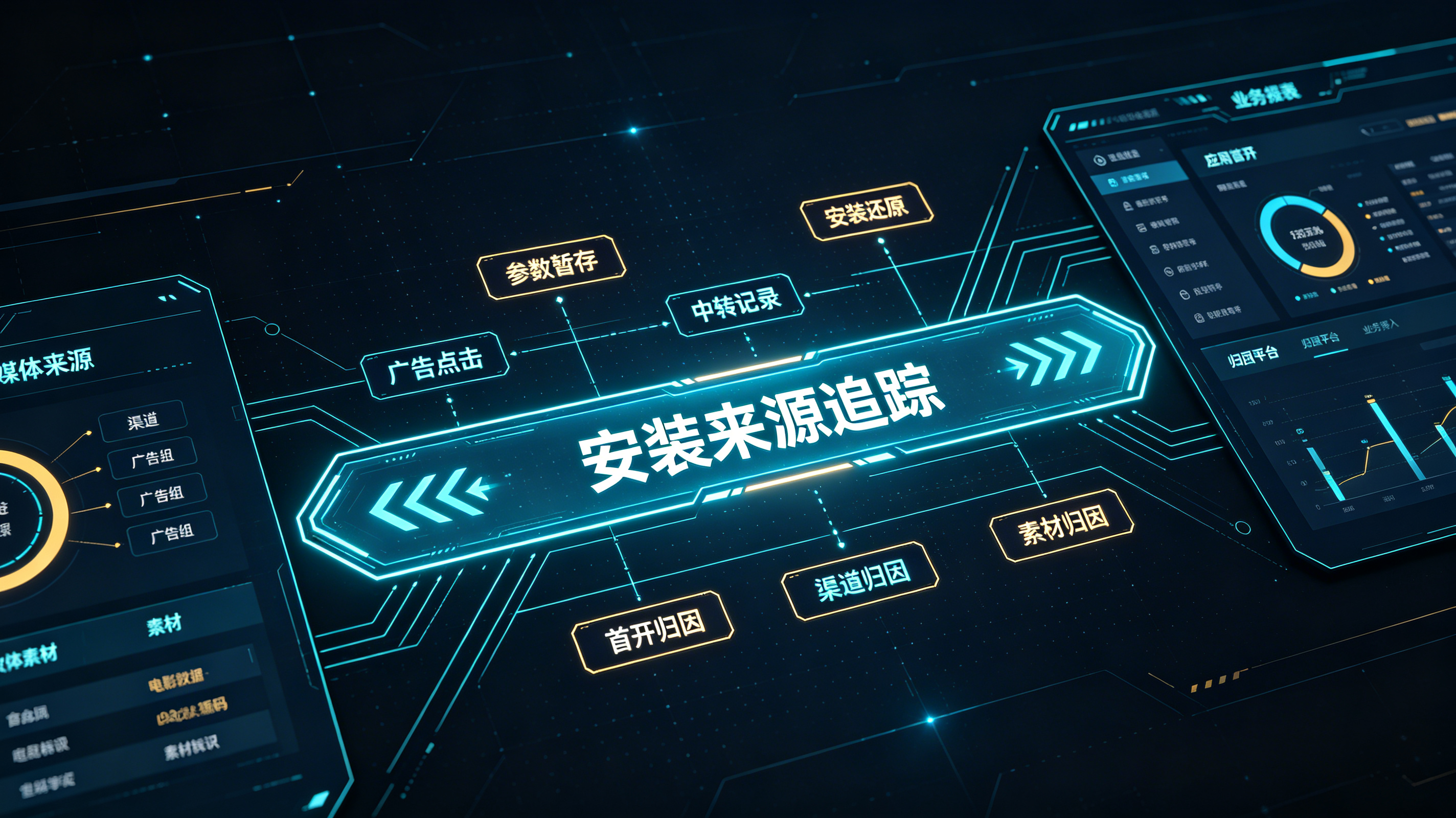 广告监测链接与App安装来源追踪的全链路归因架构图