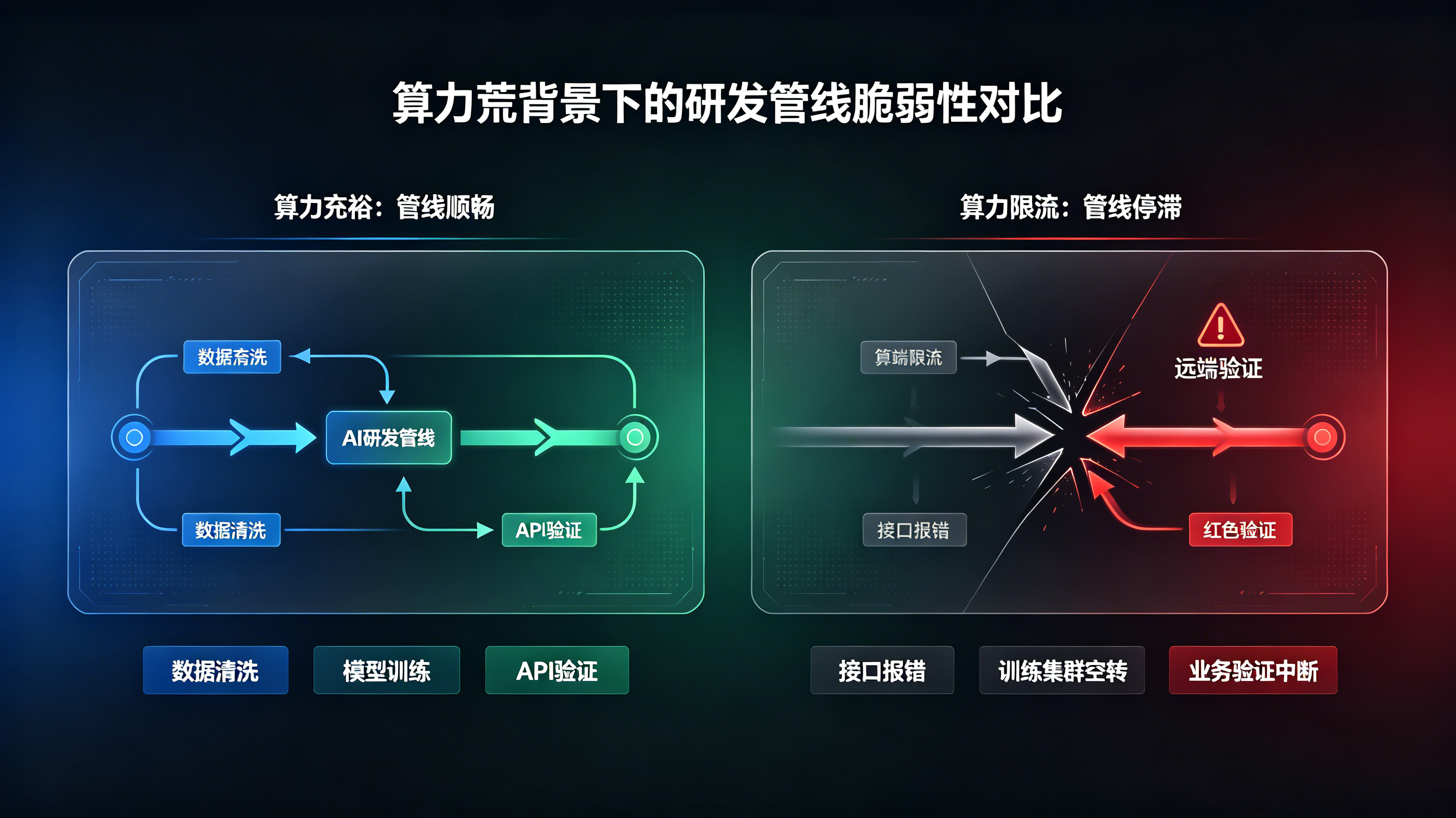 算力充裕与算力限流状态下AI研发管线脆弱性的对比图