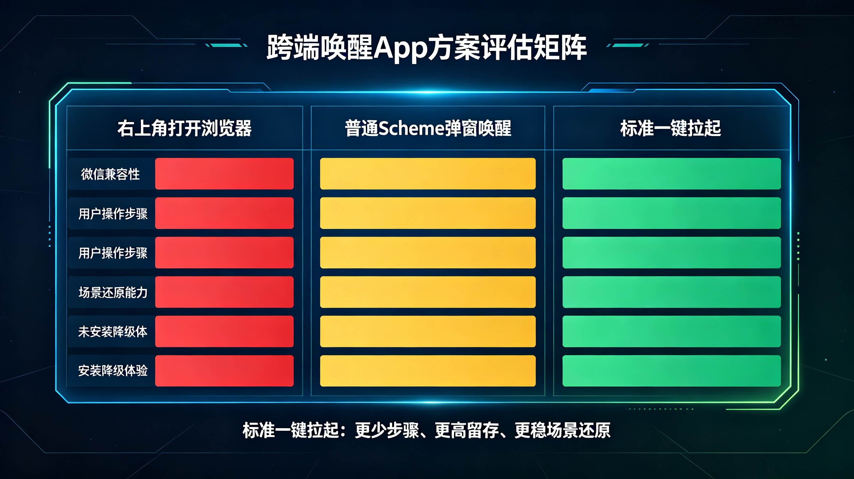 传统右上角打开普通Scheme与标准一键拉起的技术方案对比评估矩阵