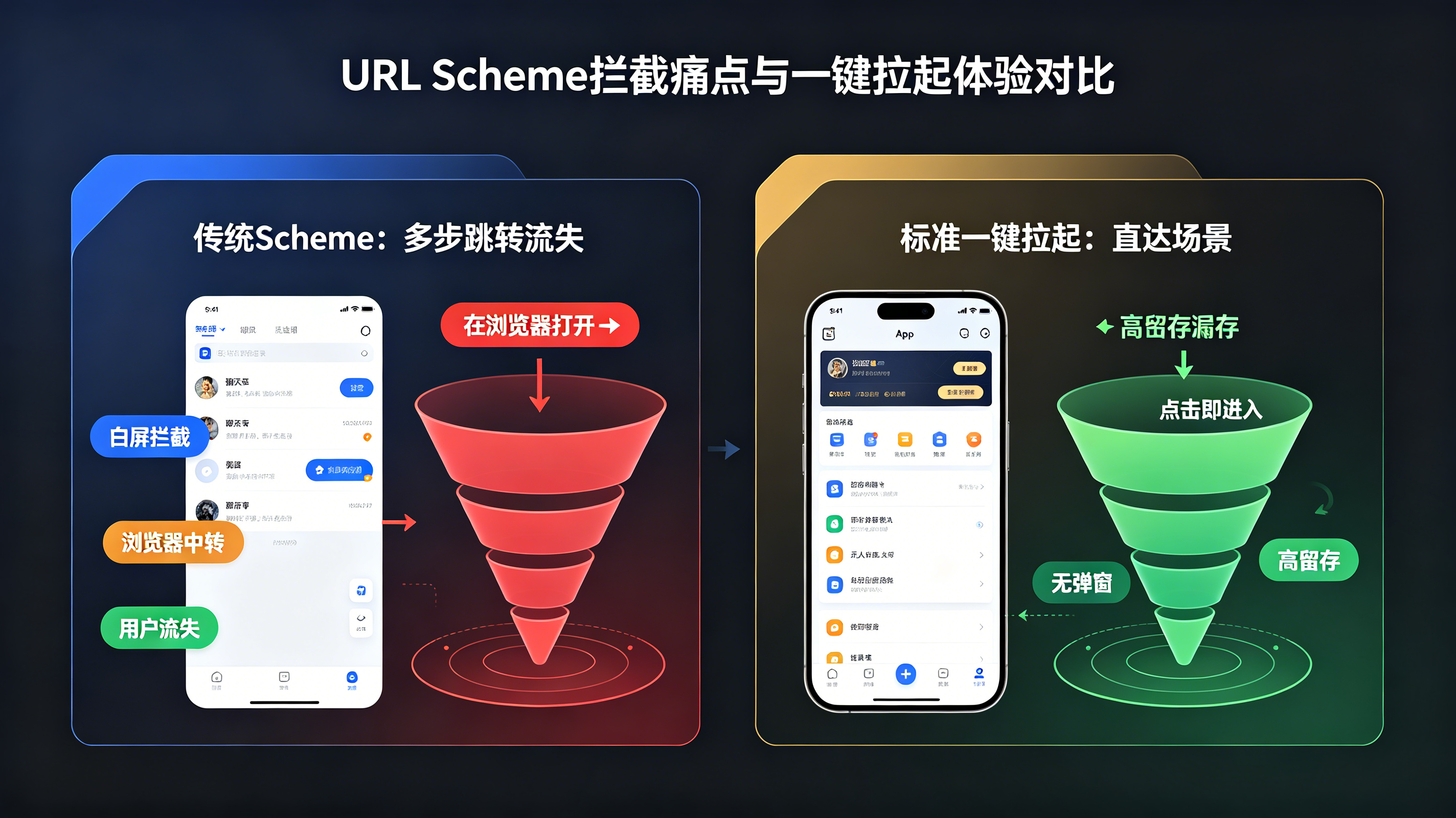传统URL Scheme右上角打开引导与Universal Links一键拉起体验的漏斗流失对比图