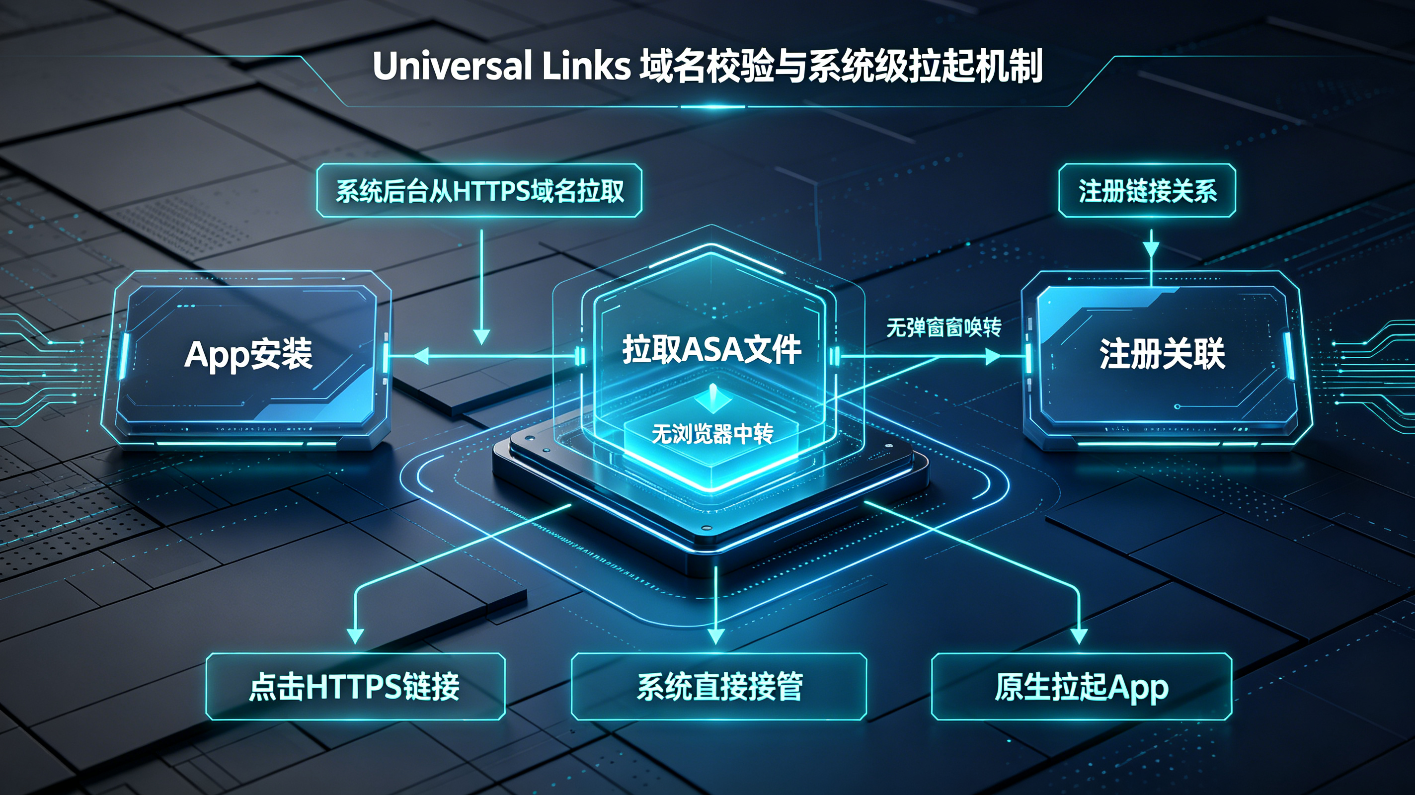 Universal Links通过AASA文件域名校验实现系统底层接管与一键拉起的架构原理图