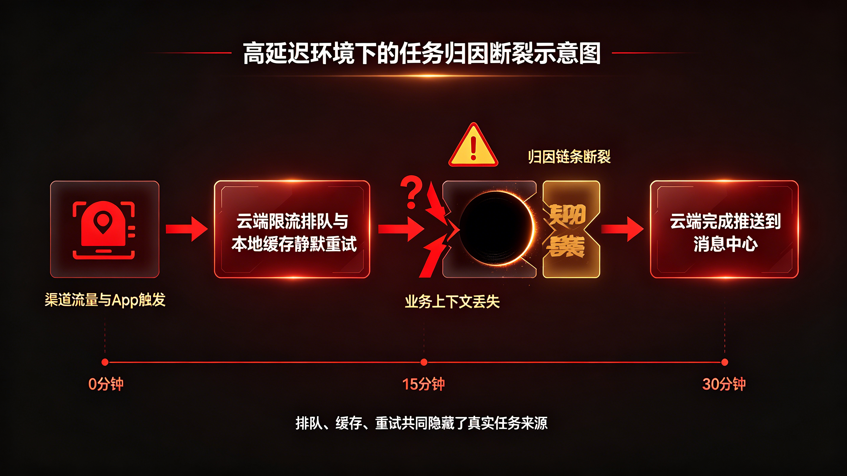 算力限流导致的高延迟排队与异步流转中的任务归因断层示意图