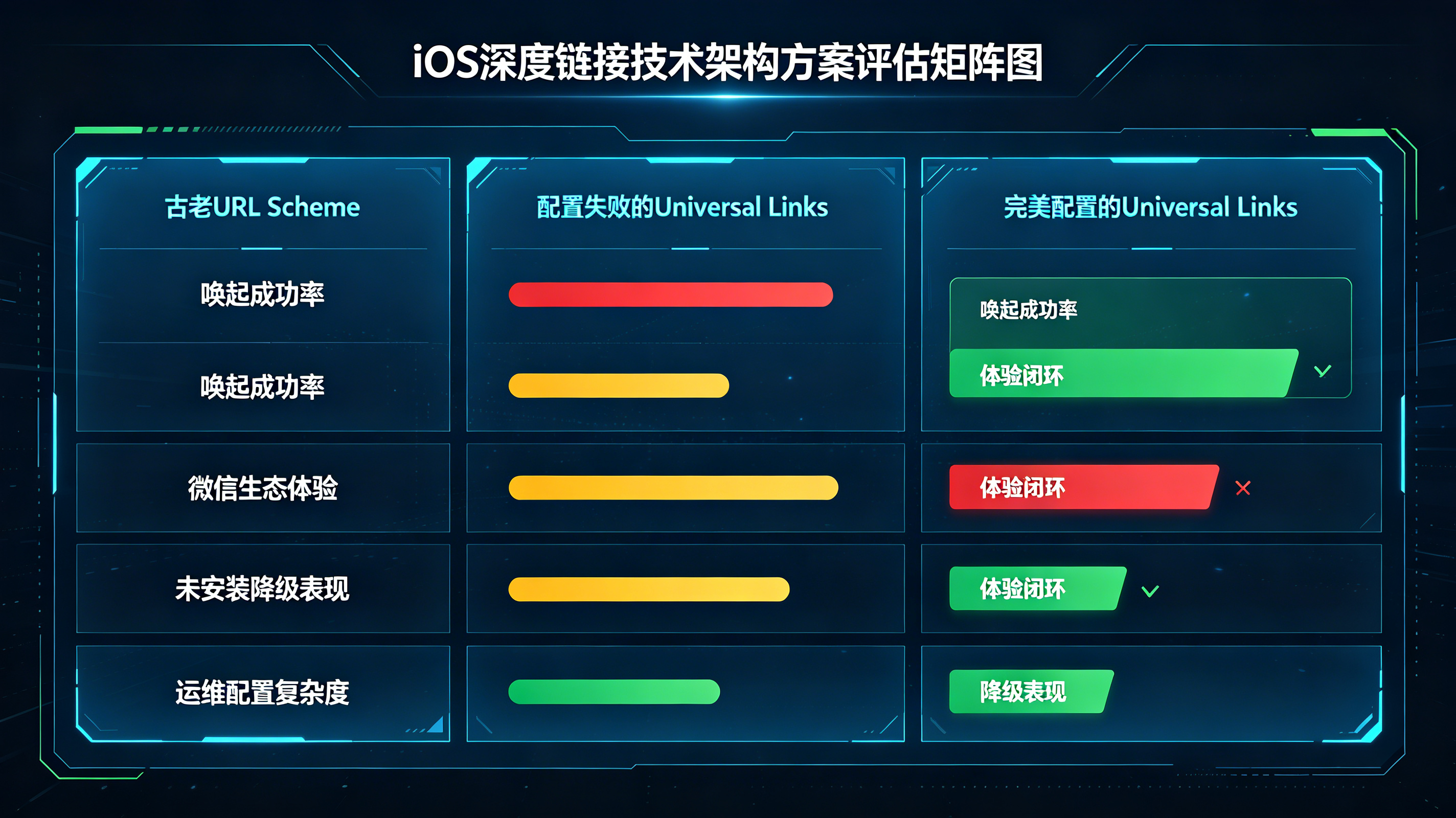 URL Scheme与配置成功前后的Universal Links核心维度方案评估矩阵图