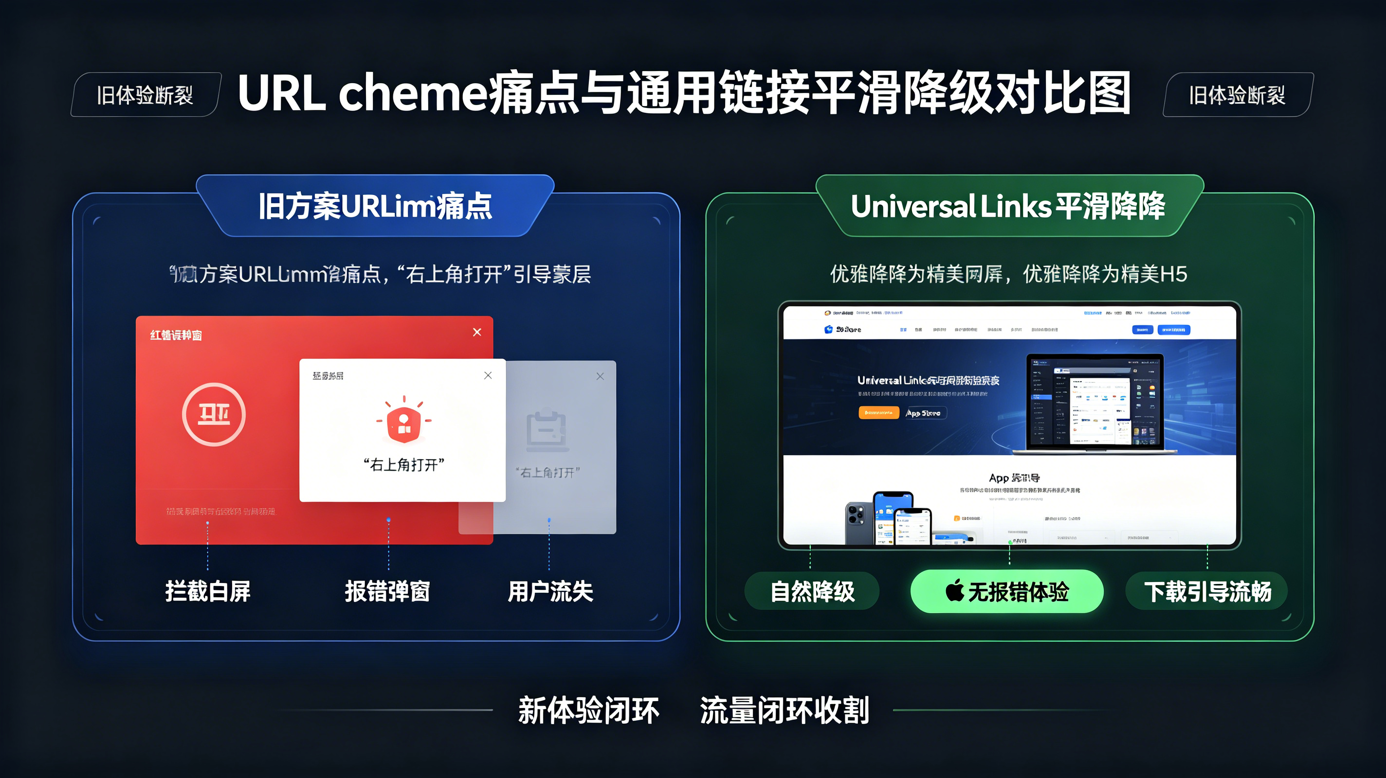 URL Scheme报错拦截痛点与Universal Links平滑降级体验对比图
