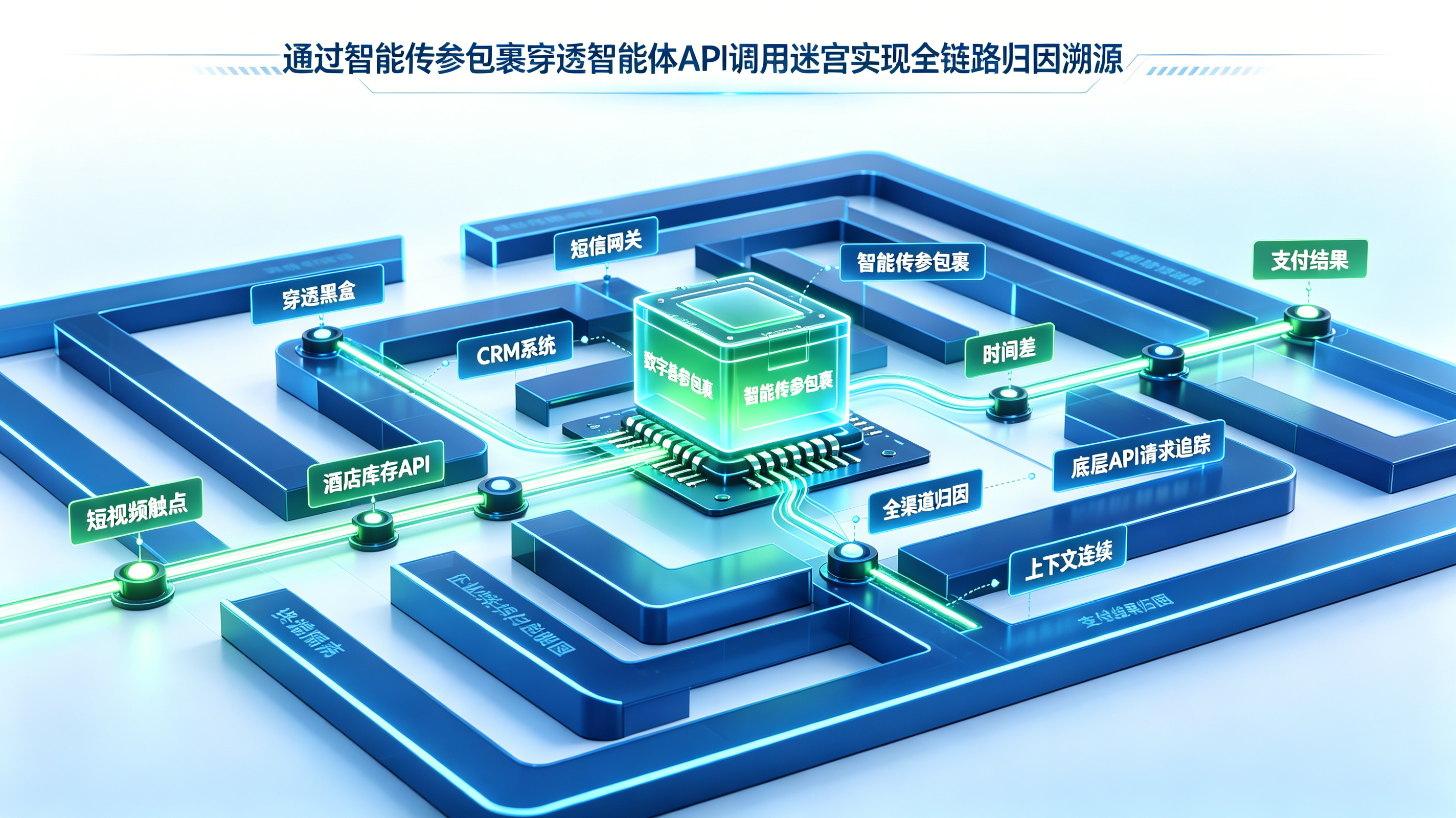 通过智能传参包裹穿透智能体API调用迷宫实现全链路归因溯源的架构图