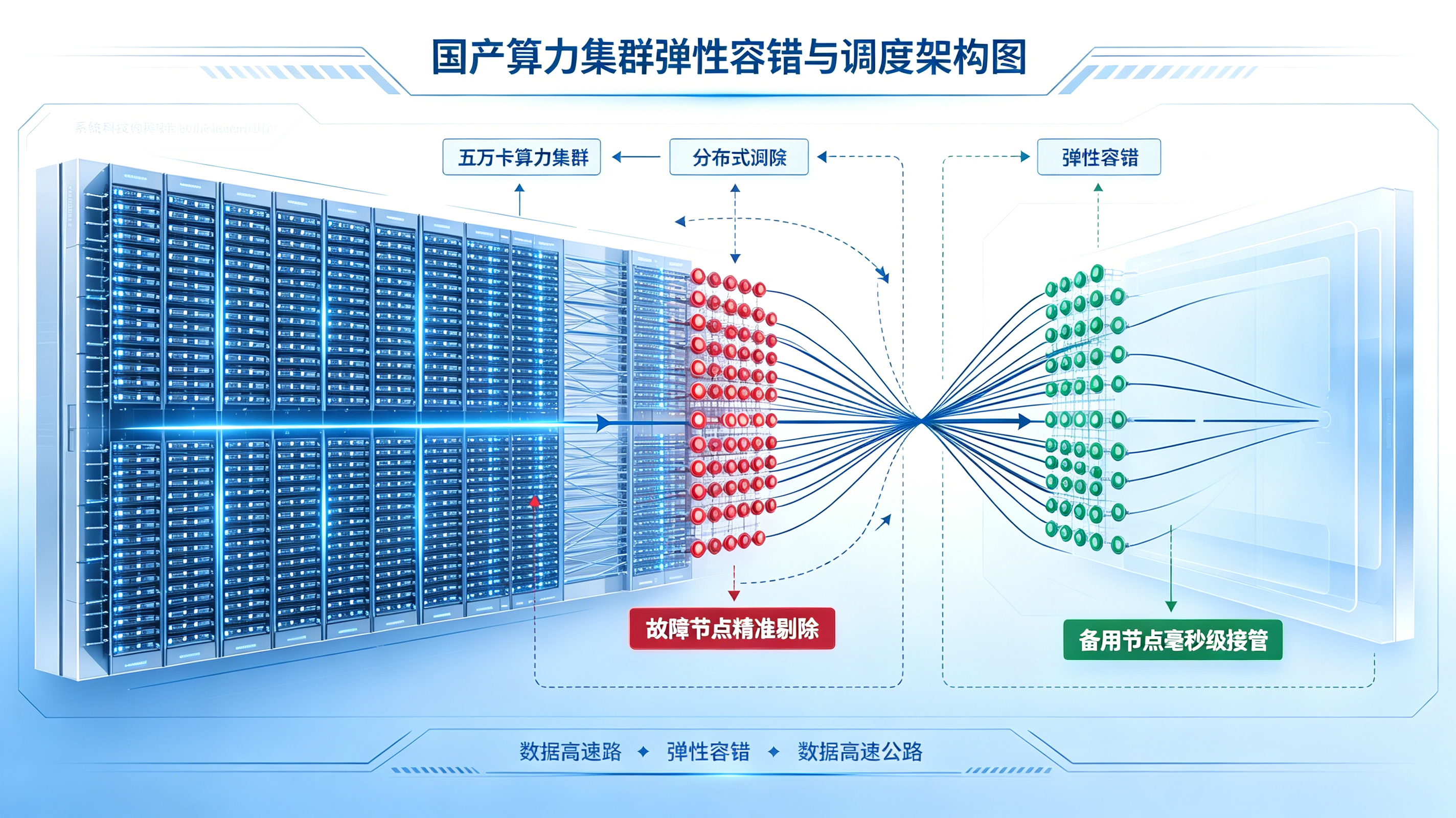 美团五万张国产算力卡集群的弹性容错恢复与调度架构图