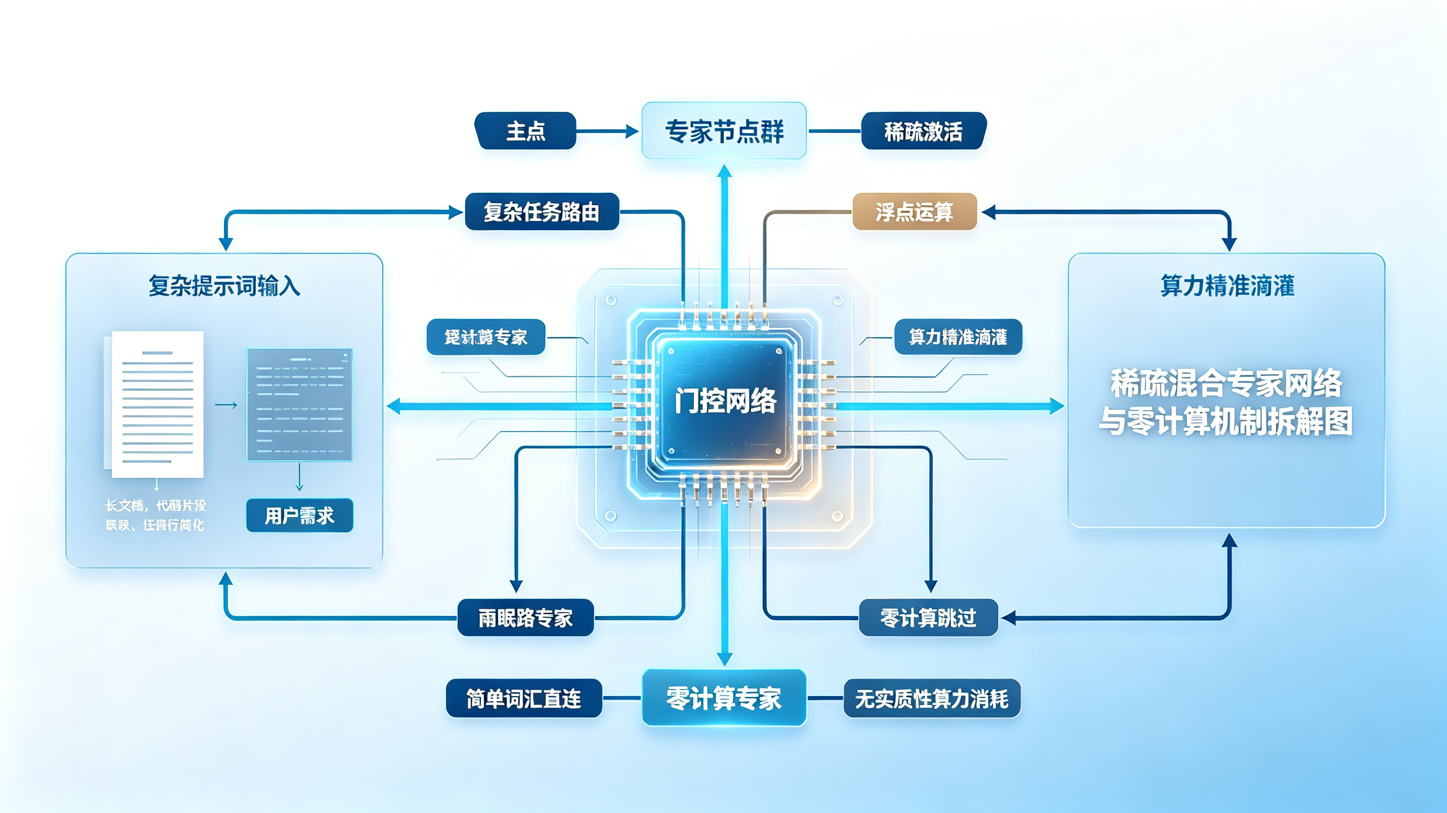 稀疏混合专家网络与首创零计算机制的算力精准滴灌拆解图