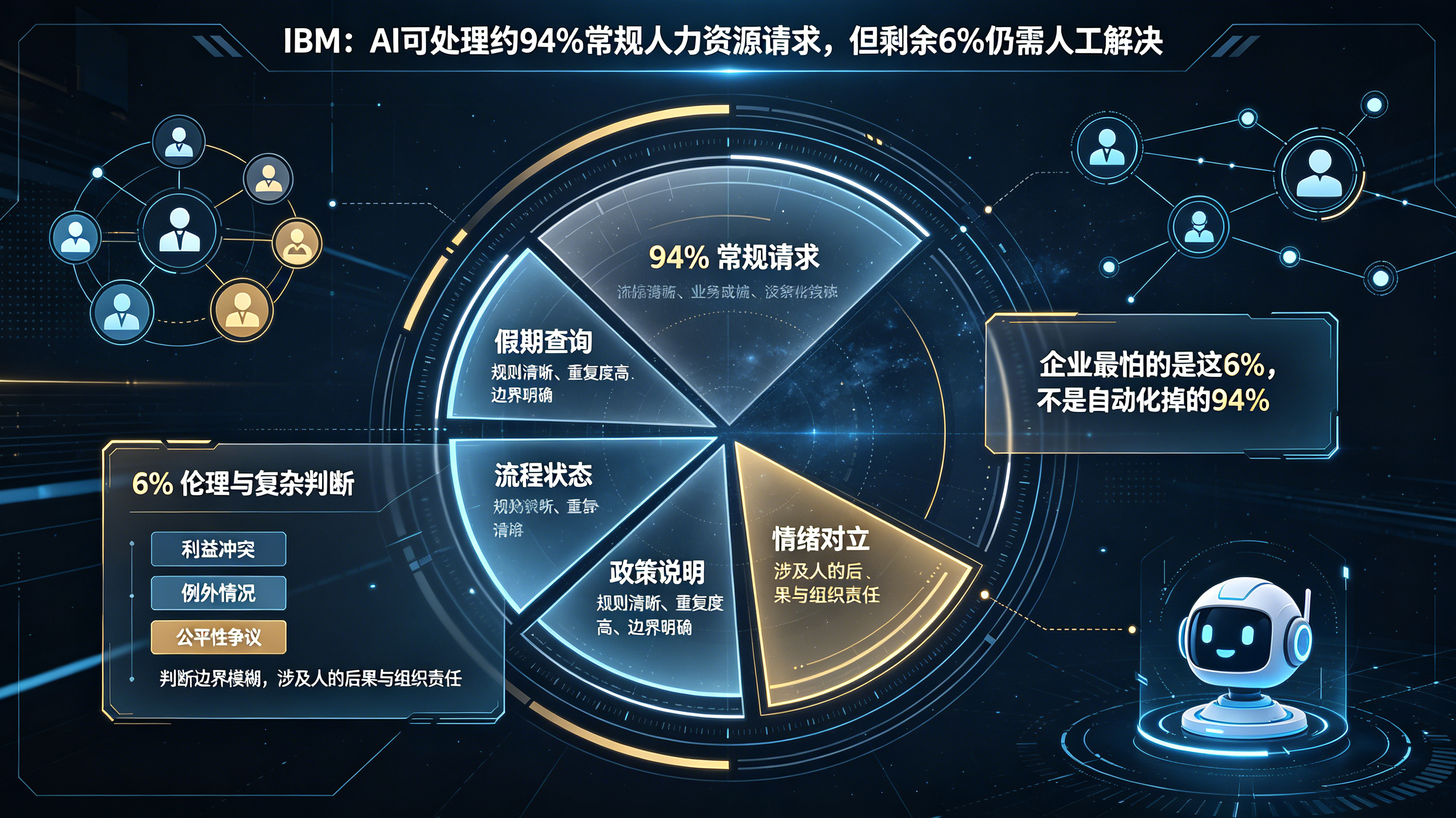 IBM人力场景中AI自动化94常规请求仍需人工处理6伦理复杂判断示意图
