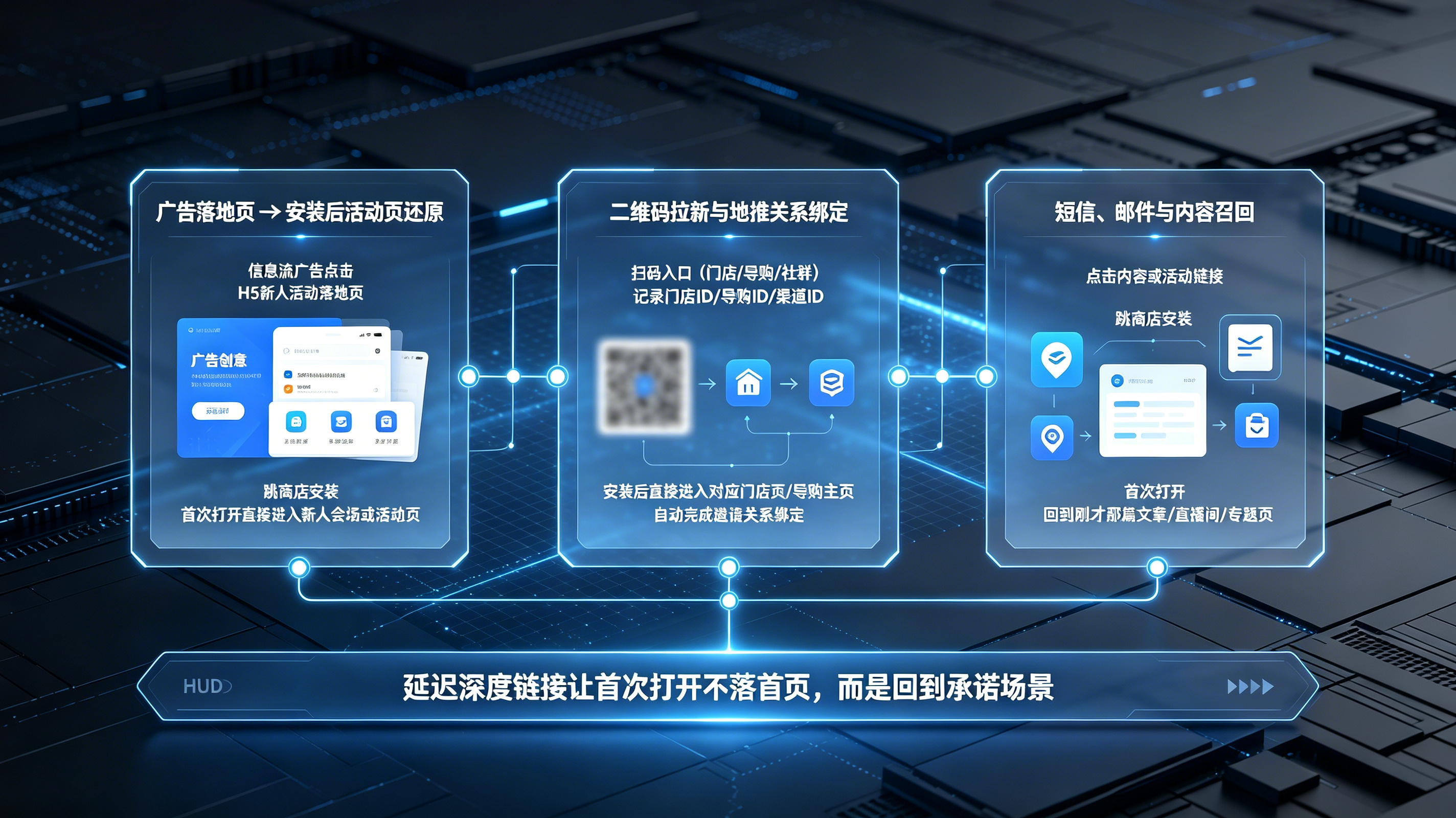 延迟深度链接在广告落地页二维码拉新和短信邮件召回三类场景中实现安装后回到承诺页面与关系绑定的业务路径图