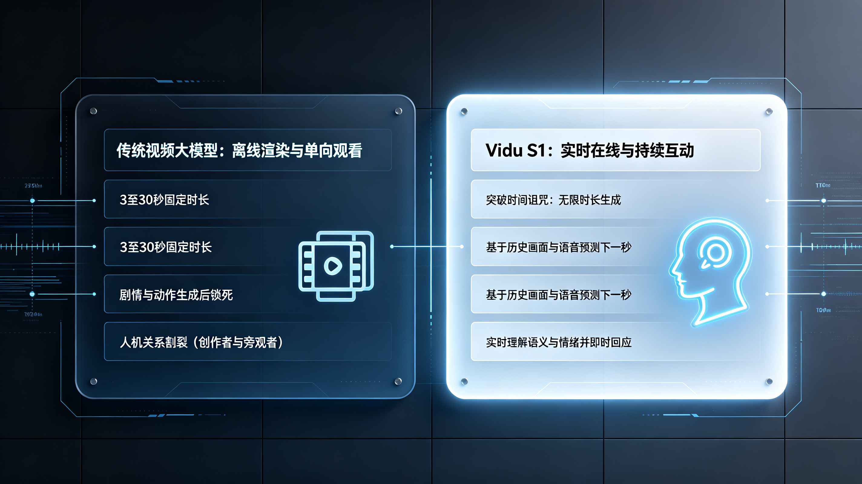 传统单向离线视频生成模型与ViduS1无限时长实时在线互动模型的底层逻辑对比矩阵图
