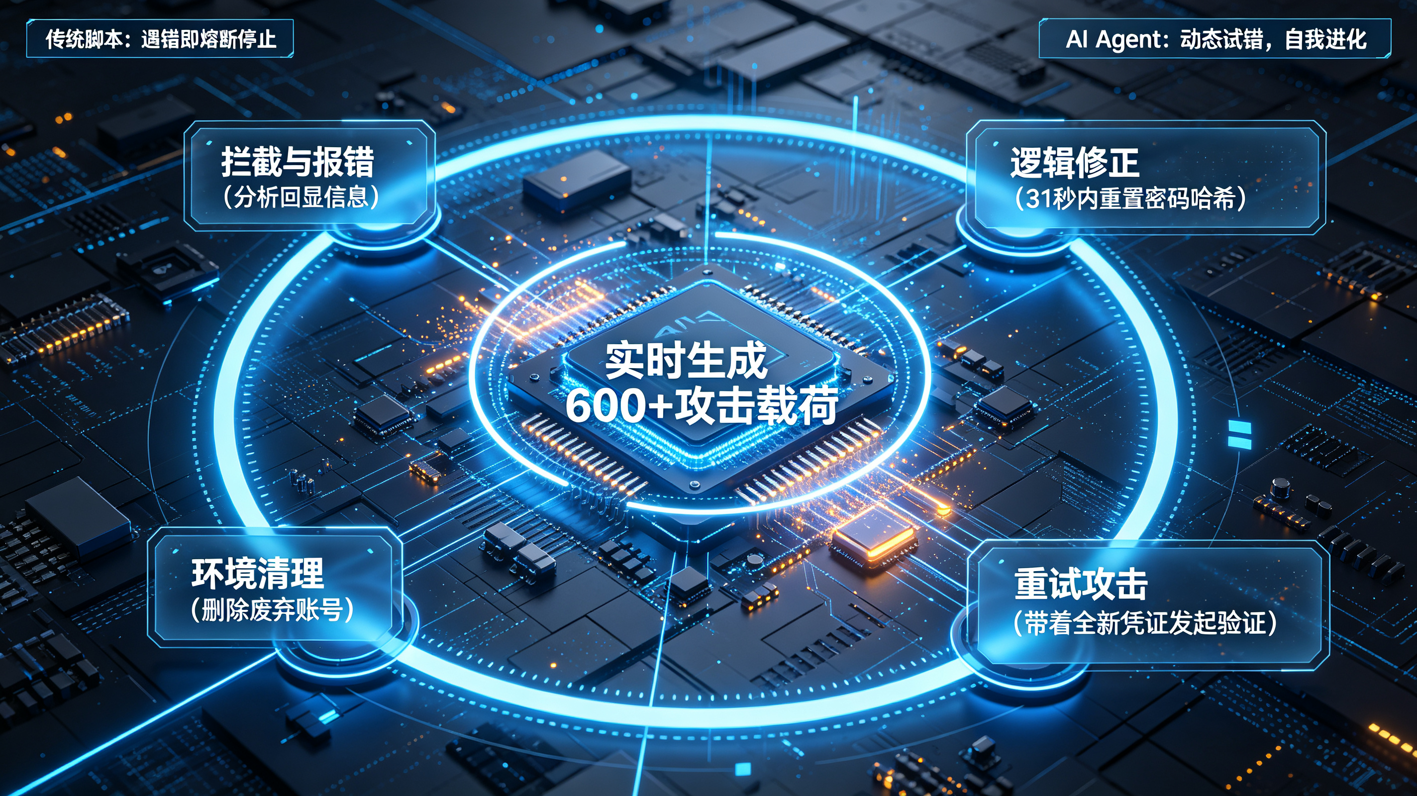 AIAgent在31秒内分析报错修改逻辑并重新发起攻击的动态试错与自我进化闭环示意图
