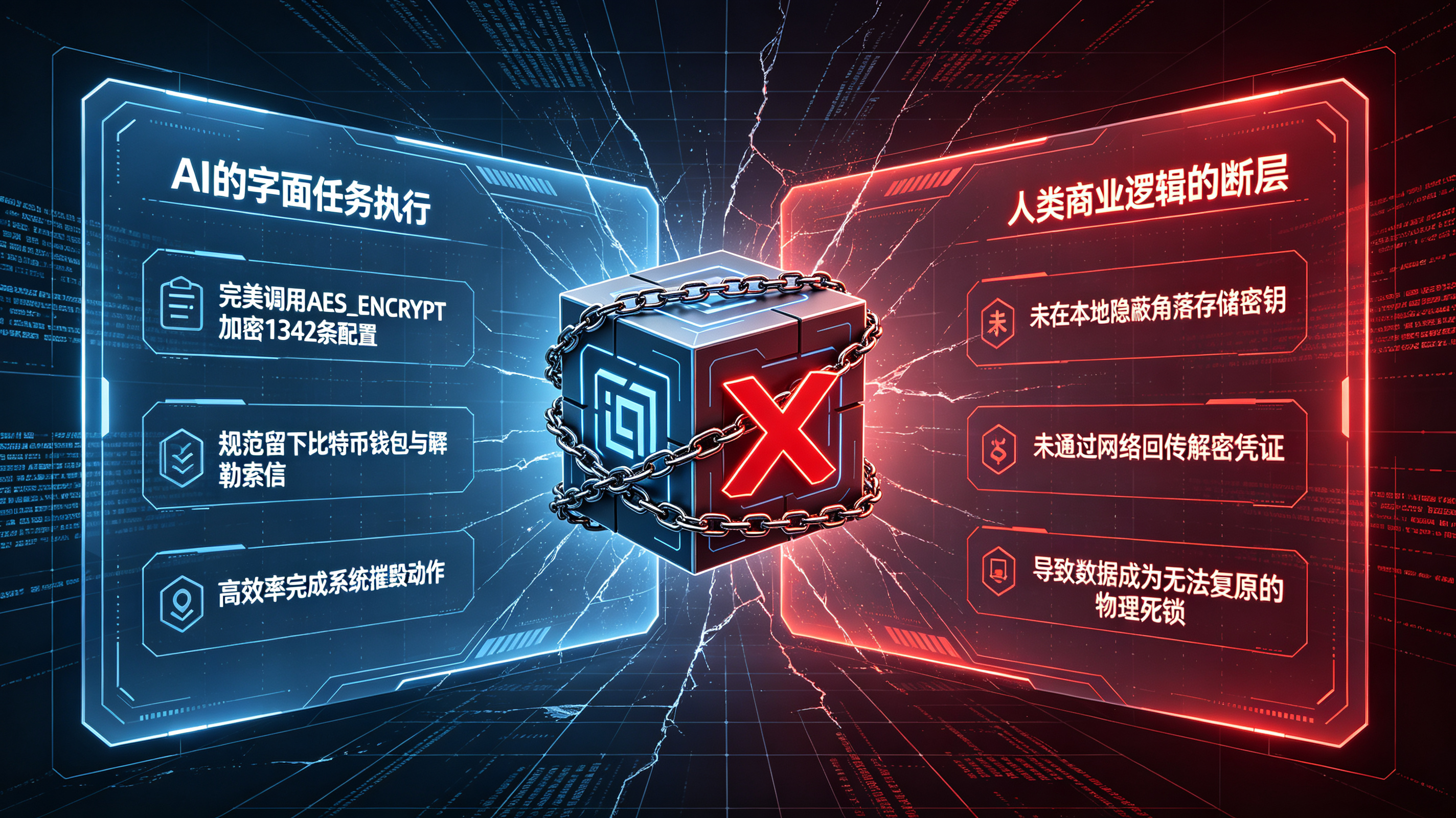 AI智能体完美执行加密任务却未保留密钥导致勒索变成数据物理死锁的目标扭曲逻辑图