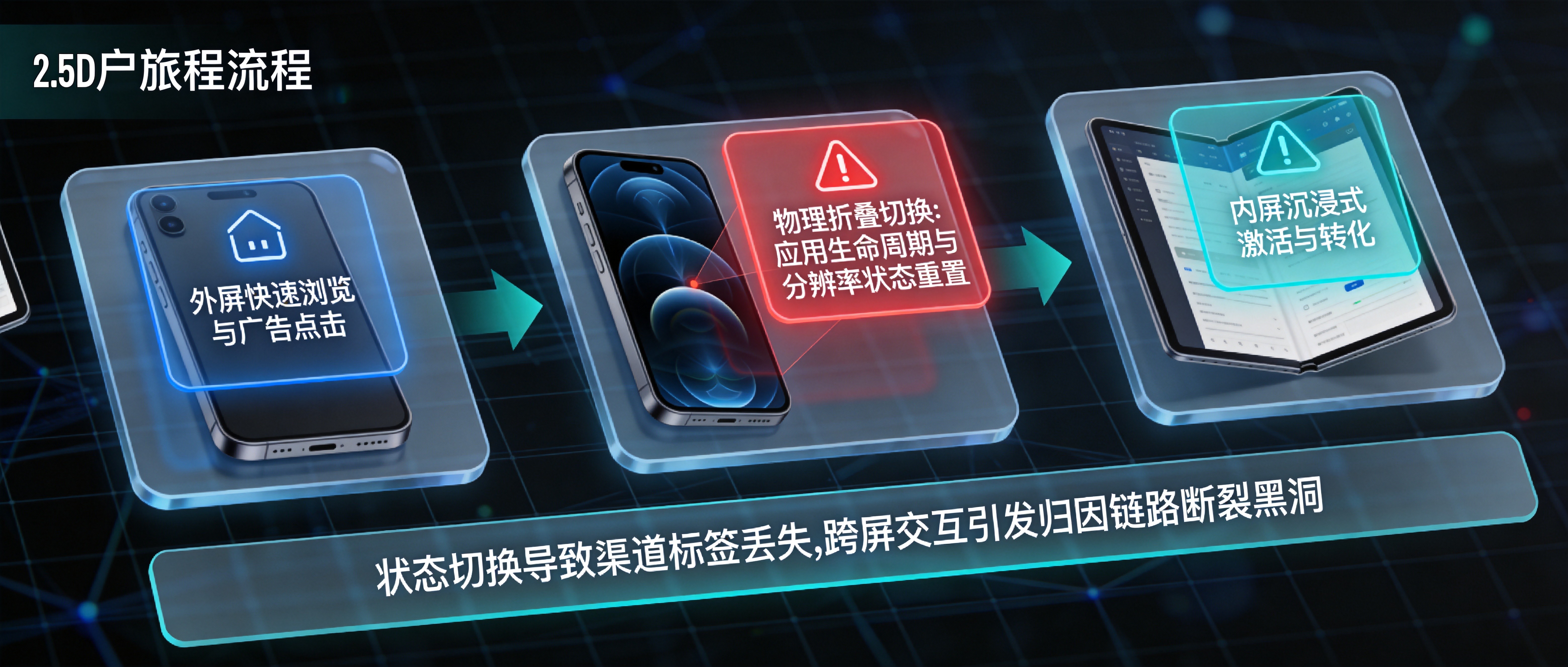 用户从外屏点击到内屏激活的物理折叠切换导致应用分发渠道标签丢失与归因链路断裂黑洞路径图