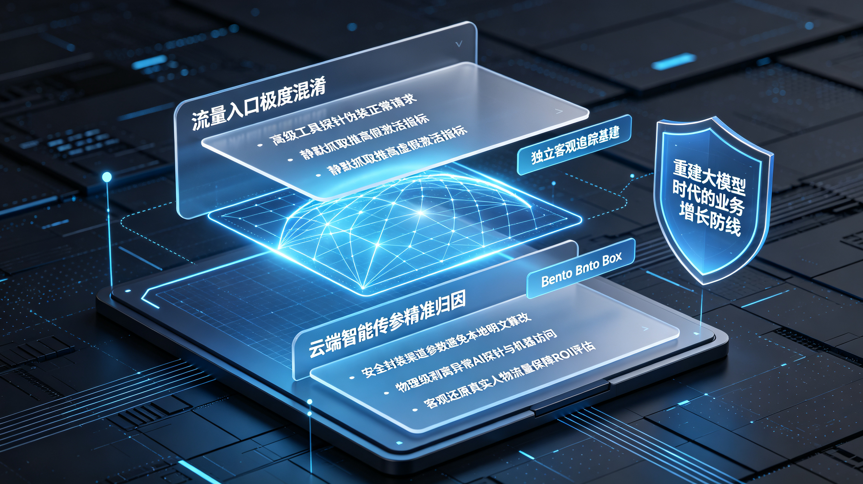 通过云端智能传参安全封装避免本地篡改并剥离异常AI探针还原真实人物流量的独立追踪底座架构图