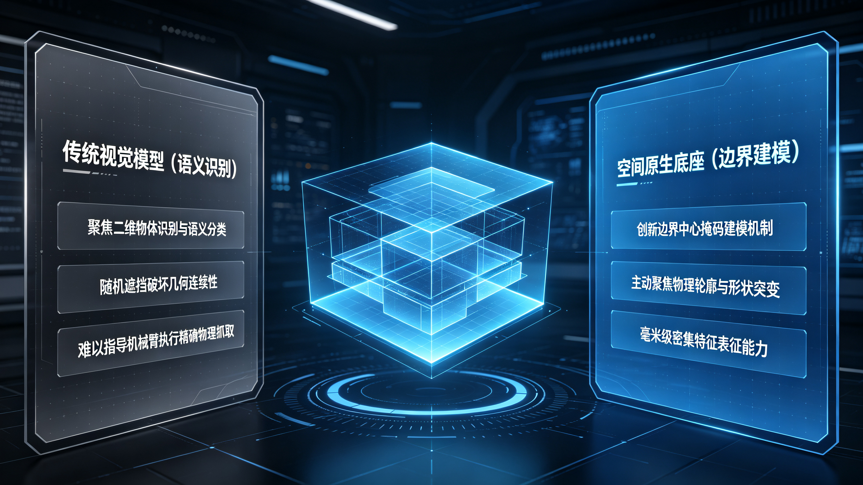 传统MAE随机遮挡视觉模型与LingBot-Vision边界中心掩码建模机制底层范式对比矩阵图