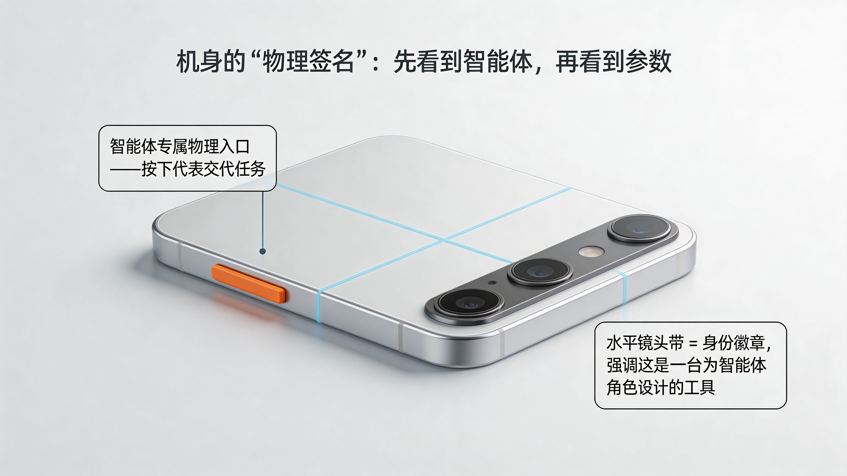 机身符号学 · 橙色 AI 键与横向镜头条构成的“十字签名”